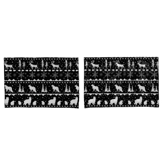 Nordic Sweater White Winter Animals Black Kissenbezug (Vorderseite-Set)