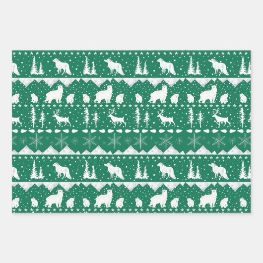 Nordic Sweater White Winter Animals Forest Green Geschenkpapier Set (Vorderseite 2)