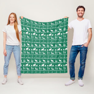 Nordic Sweater White Winter Animals Green Fleecedecke