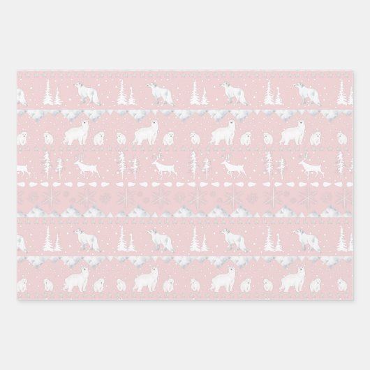 Nordic Sweater White Winter Animals Hübsch Pink Geschenkpapier Set (Vorderseite)