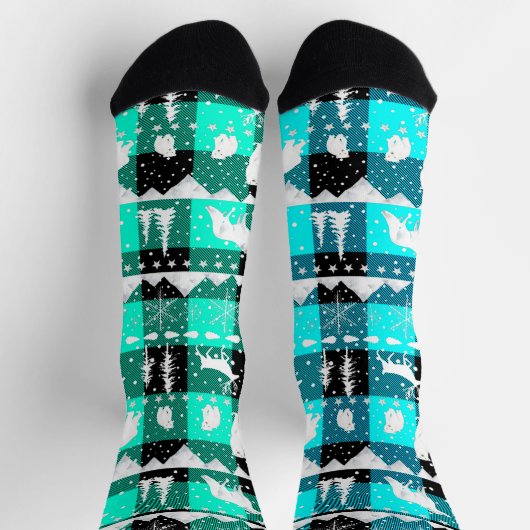Nordic Sweater Winter Animals Aqua Blue Kariert Socken (Oben)