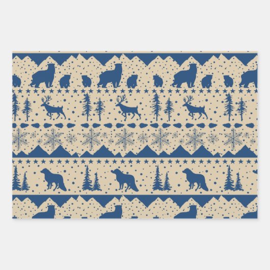 Nordic Sweater Winter Animals Beige & Navy Blue Geschenkpapier Set (Vorderseite 3)