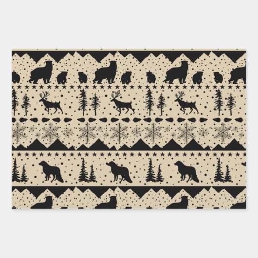 Nordic Sweater Winter Animals Black Beige & Red Geschenkpapier Set (Vorderseite)