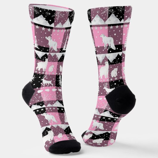 Nordic Sweater Winter Animals Pink Buffalo Kariert Socken (Gewinkelt)