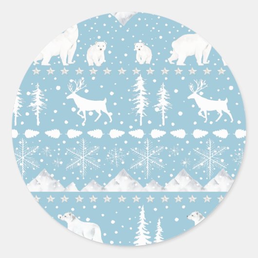 Nordic Sweater Winter Animals Sky Blau und Weiß Runder Aufkleber (Vorderseite)