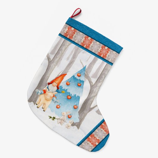 Nordic Tomte Gnome und Schwein im Wald Großer Weihnachtsstrumpf (Vorderansicht (hängend))