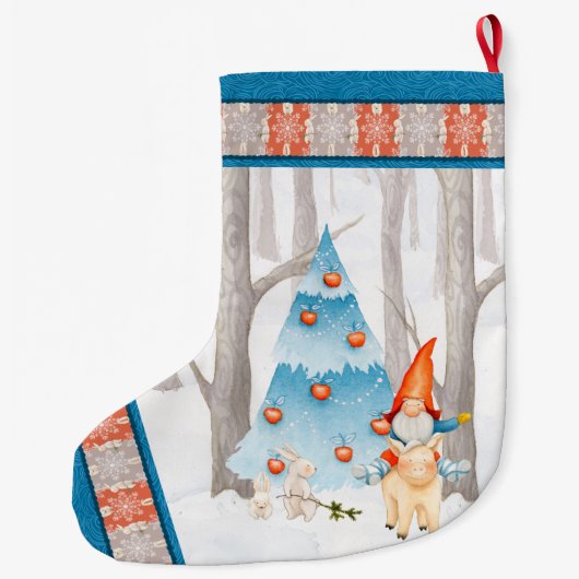 Nordic Tomte Gnome und Schwein im Wald Großer Weihnachtsstrumpf (Rückseite)