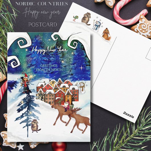 Nordic Village Boreal Lights Hand Painted Postkarte