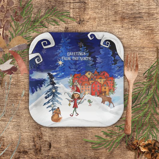 Nordic Village & Winter Fairy Square Paper Plates Pappteller