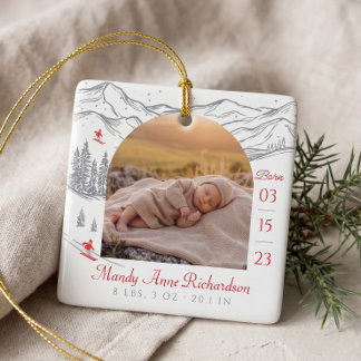 Nordic Winter Baby Birth Stats Photo Christmas Keramikornament