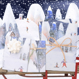 Nordic Winter Snowy Mountain Ski Village Night Sky Geschenkpapier Set