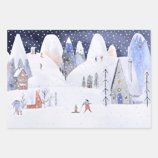 Nordic Winter Snowy Mountain Ski Village Night Sky Geschenkpapier Set (Vorderseite)