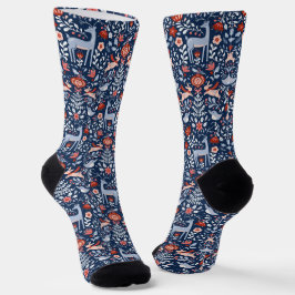 Nordic Woodland Animals Blaues Muster Socken