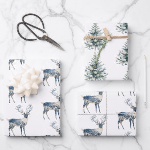 Nordische Blau Weiße Hirsch Weihnachtsbäume Geschenkpapier Set