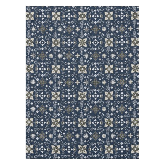 Nordische Blume aus Weiß und Gold auf blauem Hinte Tischdecke (Vorderseite)