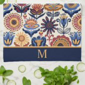 Nordische Blume Folk Art Muster Monogramm Geschirrtuch (Gefaltet)