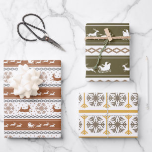 Nordische Grüne, Rote und Graue Schneeflocken und Geschenkpapier Set