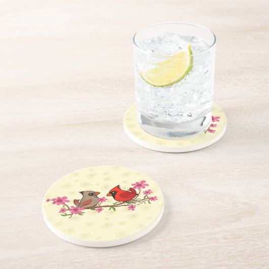 Nordische Kardinäle auf der Zweigstelle Blossom Getränkeuntersetzer (Seite)