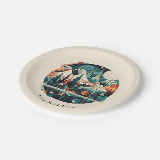 Nordische Kiefern und Spitzen, kundenspezifisch Pappteller (Schrägansicht)