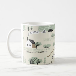 Nordische Landschaft: Farbenfrohe Häuser Baummuste Kaffeetasse