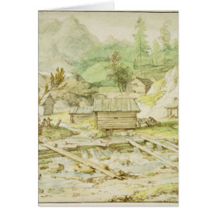 Nordische Landschaft mit hölzerner Hütte und Weh