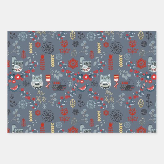 Nordische slawische Volkskunst Vögel Pflanze Blume Geschenkpapier Set (Vorderseite 3)