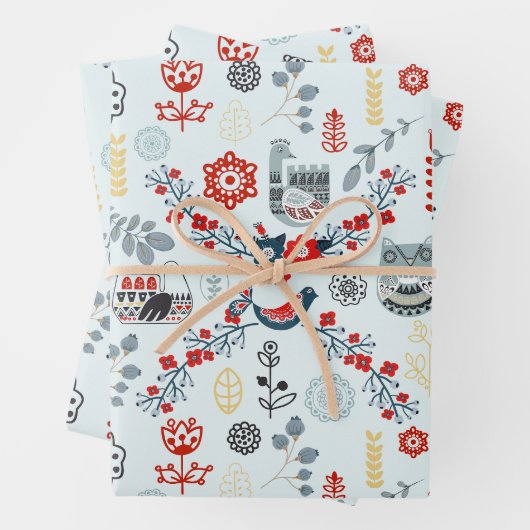 Nordische slawische Volkskunst Vögel Pflanze Blume Geschenkpapier Set (Beispiel)