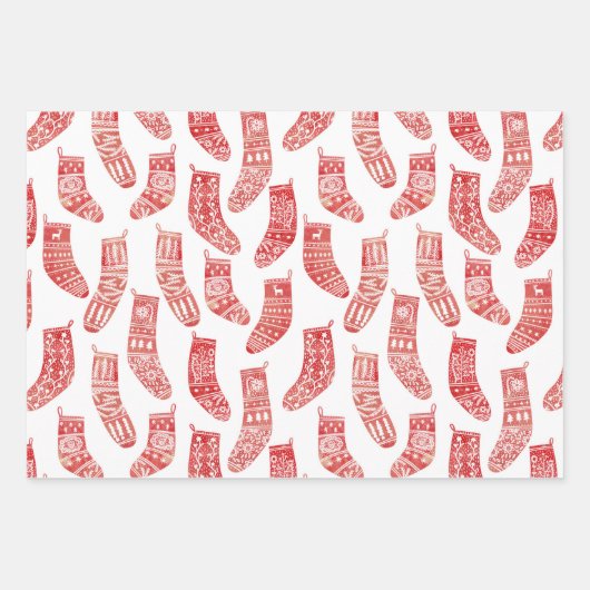 Nordische Strumpf Rot und Weiß Geschenkpapier Set (Vorderseite)