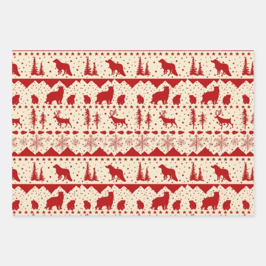 Nordische Sweater Beige Grüne Rote Wintertiere Geschenkpapier Set (Vorderseite)