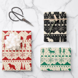 Nordische Sweater Beige Grüne Rote Wintertiere Geschenkpapier Set