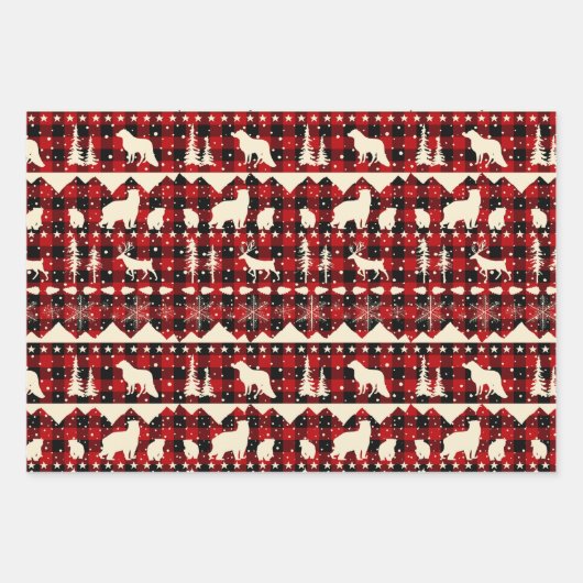 Nordische Sweater Beige Karierte Wintertiere Geschenkpapier Set (Vorderseite)
