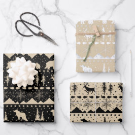 Nordische Sweater Beige Schwarz-weiße Wintertiere Geschenkpapier Set