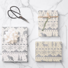 Nordische Sweater Neutral Beige Silber Wintertiere Geschenkpapier Set