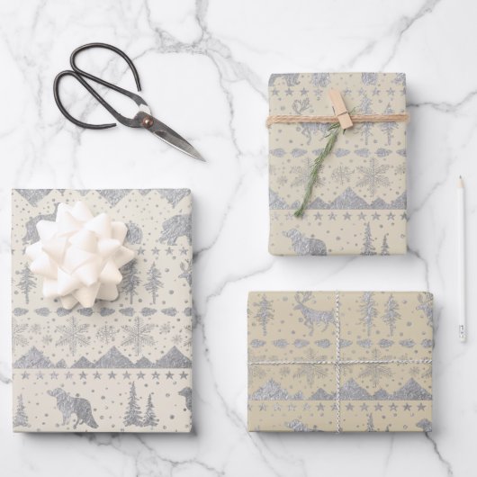 Nordische Sweater Neutral Beige Silber Wintertiere Geschenkpapier Set (Vorderseite)