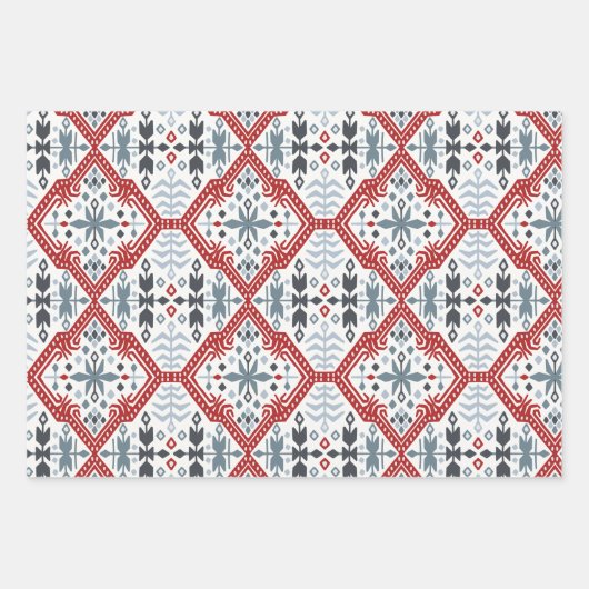 Nordische Volkszweige und Blume rot blau Geschenkpapier Set (Vorderseite 2)