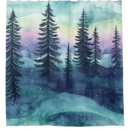 Nordischer Aurora-Wald-Muster Duschvorhang (Vorderseite)