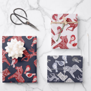 Nordischer Dala-Holzpferd-Elch Rot Blau Weihnachte Geschenkpapier Set