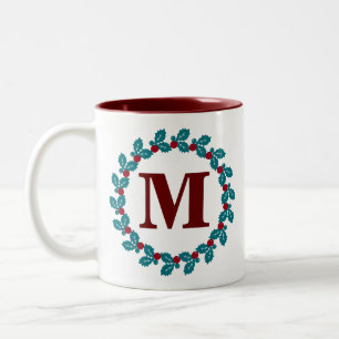 Nordischer roter blauer Feiertags-Kranz Monogramm Zweifarbige Tasse