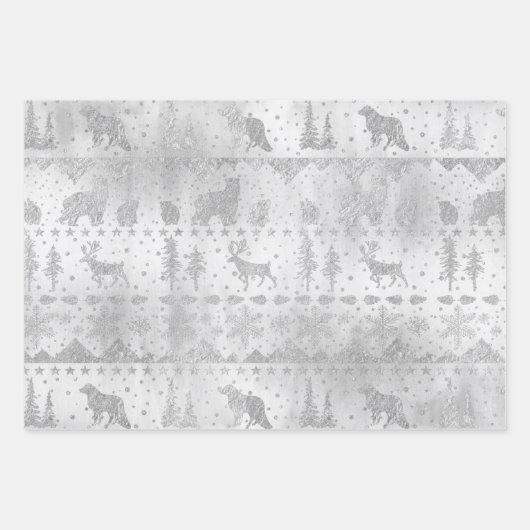 Nordischer Sweater Silver Winter Tiere auf Silber Geschenkpapier Set (Vorderseite)