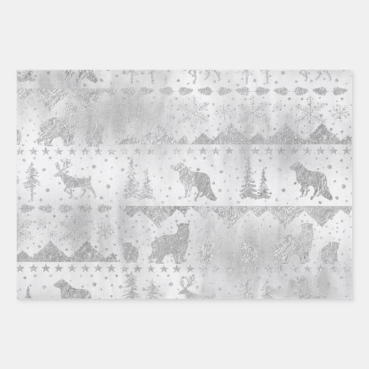 Nordischer Sweater Silver Winter Tiere auf Silber Geschenkpapier Set (Vorderseite 3)