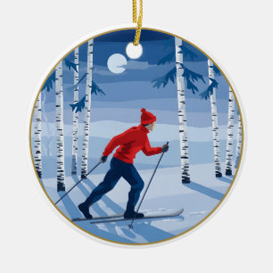 Nordischer Weihnachts-Langläufer-Birkenwald Keramik Ornament