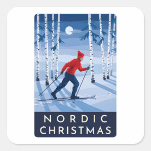 Nordischer Weihnachts-Skifahrer Quadratischer Aufkleber
