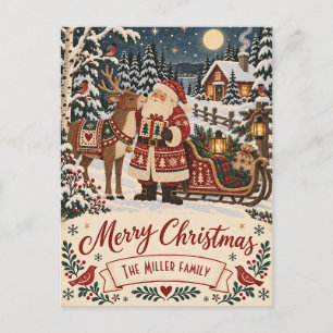 Nordischer Weihnachtsmann und Rentier im Volkskuns Feiertagspostkarte