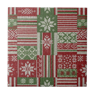 Nordisches Fair Isle Weihnachts-Rot-Grün-Strickmus Fliese