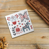 Nordisches Pony- und Blumenmuster in Grau und Rot Fliese