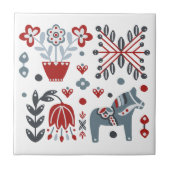 Nordisches Pony- und Blumenmuster in Grau und Rot Fliese (Vorderseite)