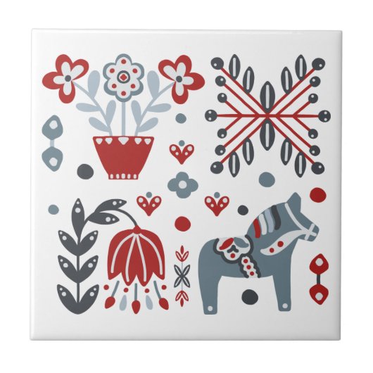 Nordisches Pony- und Blumenmuster in Grau und Rot Fliese (Vorderseite)