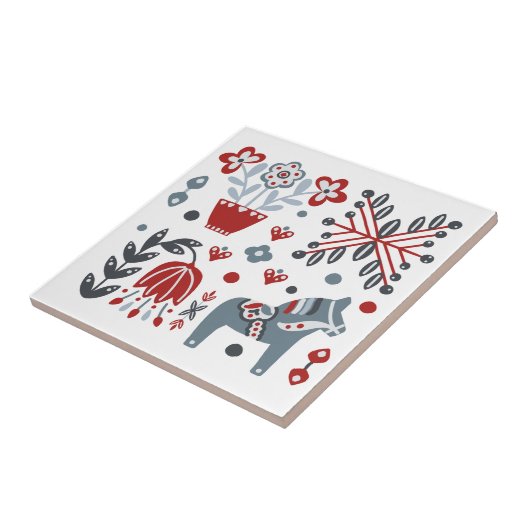 Nordisches Pony- und Blumenmuster in Grau und Rot Fliese (Seite)