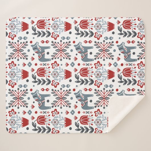 Nordisches Pony und Blumenmuster in Grauem und in Sherpadecke (Vorderseite (Horizontal))