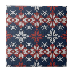 Nordisches Schneeflocken-Strickmuster in Navy, Rot Fliese